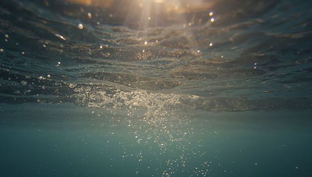 Glittering sunlit aquatic bubbles beneath water surface