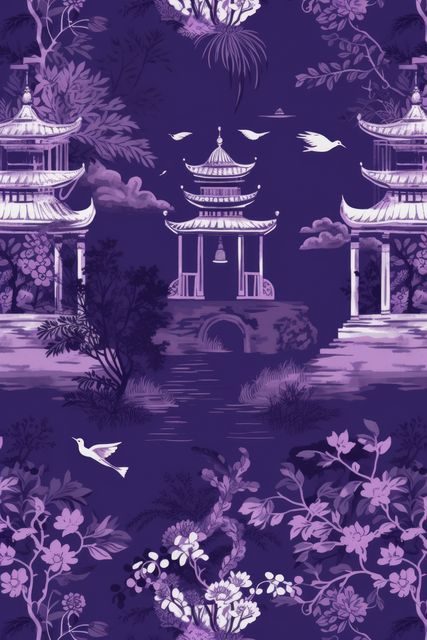 Repeatable pattern of chinoiserie on purple background, created using generative ai technology. Chinoiserie, interior design and decorative pattern concept digitally generated image.