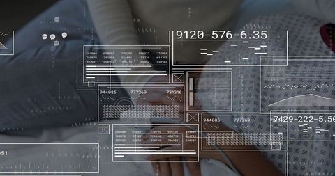 Parent and child analyzing data overlays on bed in digital concept