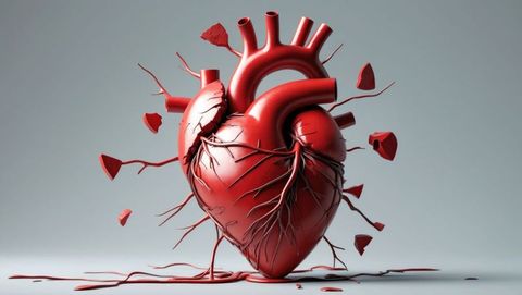 Red stylized heart sculpture with cracking fragments and vines