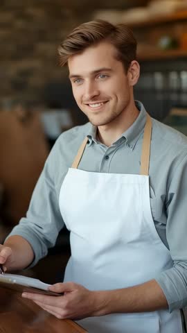 Vertical cafe video featuring barista recording tablet orders and confirming customer details