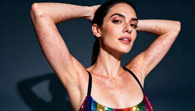 Confident woman posing with arms raised showing freckled skin and rainbow sequin top