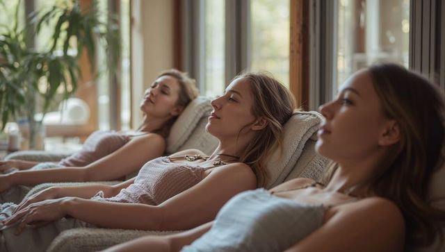 Three women relaxing on sunlit spa loungers with towel wraps and serene expressions