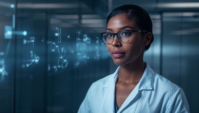 Female scientist wearing lab coat and glasses analyzing holographic molecular display