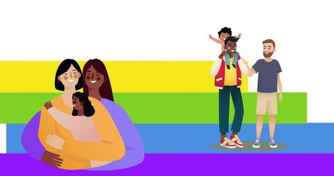 Diverse LGBTQ+ Families Embracing Children, Parents Holding Kids on Rainbow Stripes