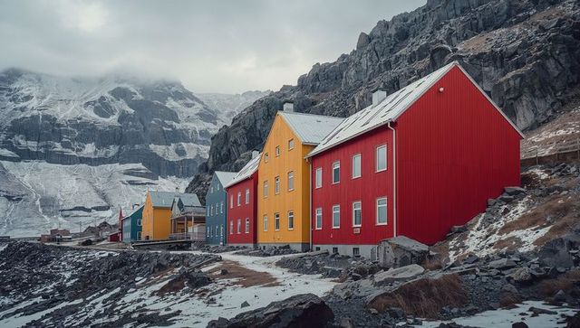 Colorful alpine houses clinging to rocky slope with snowy mountain backdrop