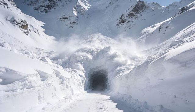 Carved snow tunnel cutting through high alpine pass with powder plume and tire tracks