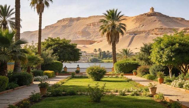 Riverside garden with palm-lined walkway, terracotta pots and desert cliff view