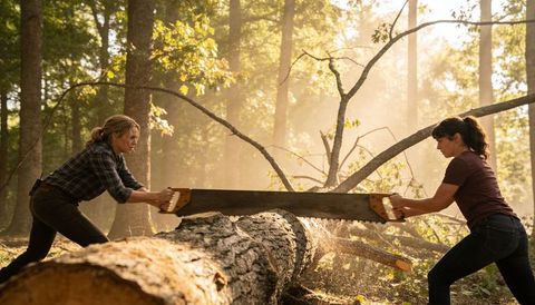 Women sawing large log with crosscut saw in sunlit forest showing teamwork and rustic timber work