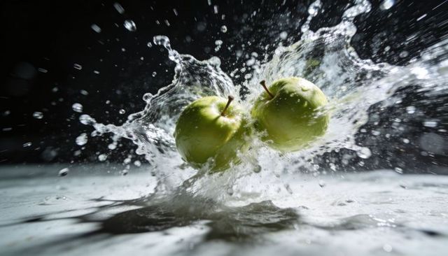 Green apples creating dramatic water splash crown with dynamic droplets and reflection