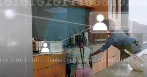 Parent guiding daughter baking in modern kitchen with digital interface overlay