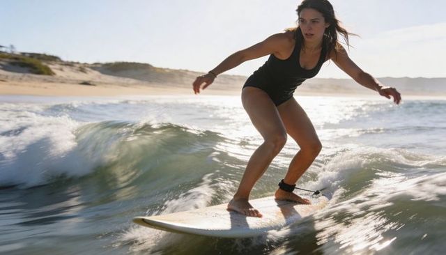 Athletic woman surfing shortboard carving shore break in black one-piece at golden hour