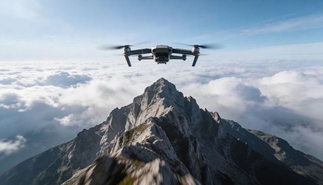 Drone flying toward jagged alpine peak above sea of clouds, sweeping aerial perspective