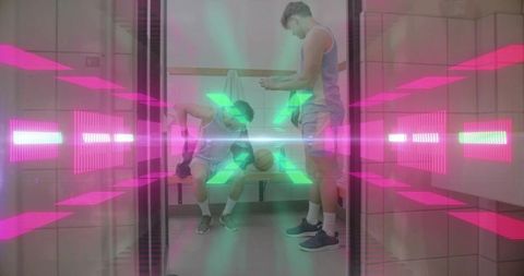 Tying shoelaces and checking phone in locker room with neon holographic x
