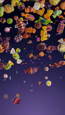 Colorful Wrapped Candies and Confetti Falling on Purple Background Vertical Video Loop