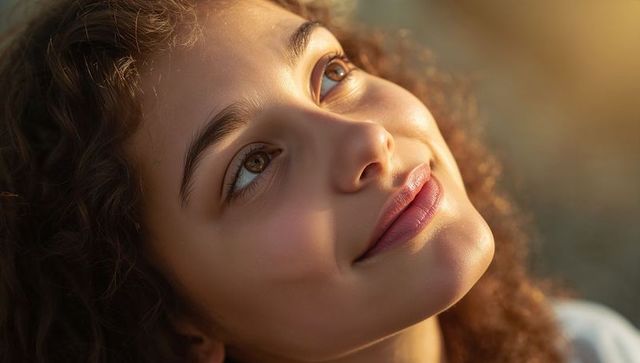 Smiling teen girl during golden hour closeup portrait with curly hair and sunlit skin