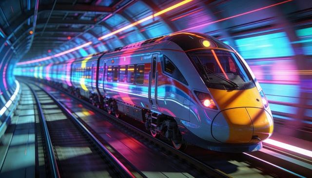 Neon-lit high-speed train racing through curved underground tunnel with vivid led light trails