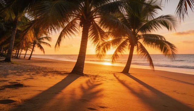 Palm trees casting long shadows on golden tropical beach at sunset, wet sand reflecting