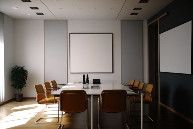 Modern conference room with sleek design, featuring long table, several chairs, and large screens. Suitable for business presentations, corporate meetings, and professional workspaces. Ideal for illustrating corporate environments, office space design, and meeting setups.