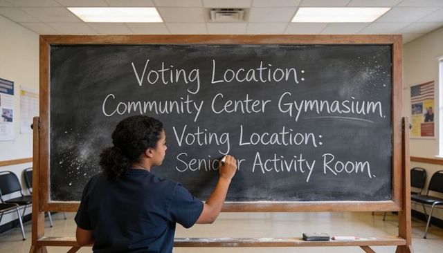 Volunteer writing voting locations on chalkboard at community center polling site