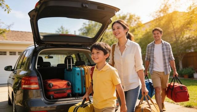 Family loading luggage into hatchback in sunlit suburban driveway for road trip