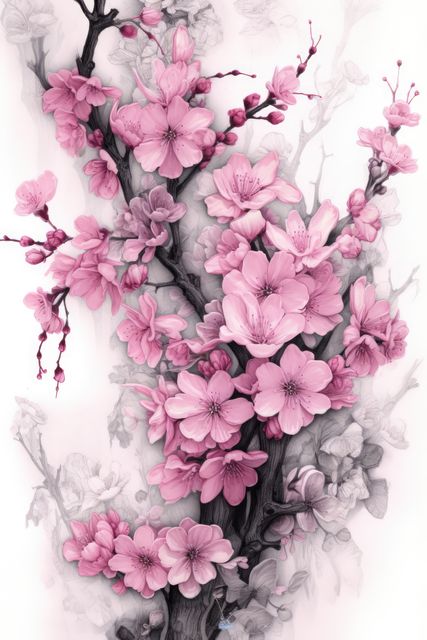 Pink blossom on white background, created using generative ai technology. Flower, spring, nature, colour and drawing concept digitally generated image.