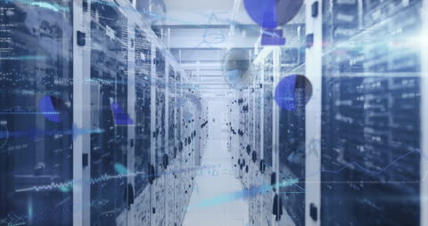 Server Room with Digital Data Visualization Overlay