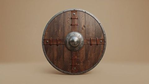 Antique wooden shield with metal boss and leather straps