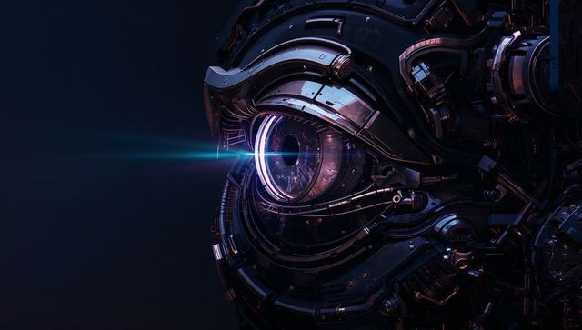 Futuristic cybernetic eye emitting teal beam on mechanical head close-up