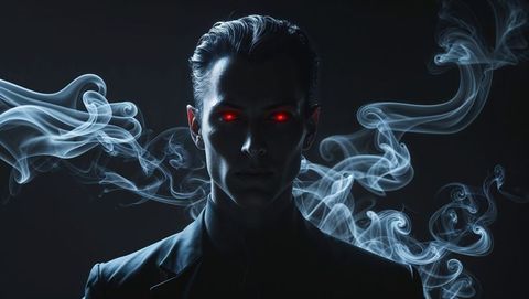 Mysterious lucifer figure with glowing eyes surrounded by smoke