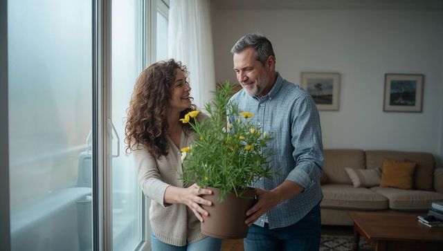 Carrying potted yellow flowers into cozy living room by sliding glass door, couple smiling