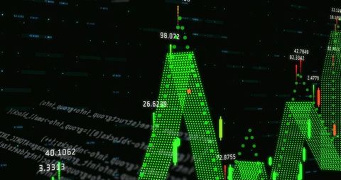 Neon Green 3D Candlestick Market Chart with Dotted Peaks and Holographic Data HUD