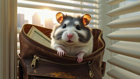 Chubby hamster peeking from leather bag with cityscape, cozy ambiance