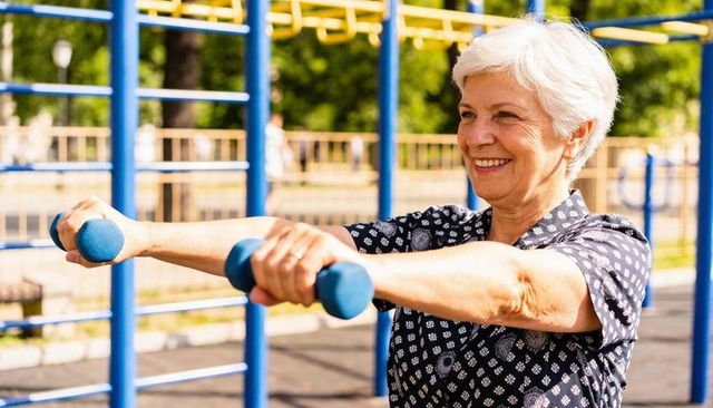 Senior woman exercising with blue dumbbells at outdoor fitness park, smiling