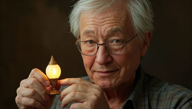 Senior man gazing while holding ornate brass lamp with warm golden glow, intimate portrait