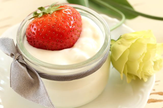 Fresh strawberry placed on creamy yogurt in a decorative jar adorned with a ribbon. Yellow flower beside adds to the aesthetics. Perfect for food blogs, healthy eating promotions, and dairy product advertisements.