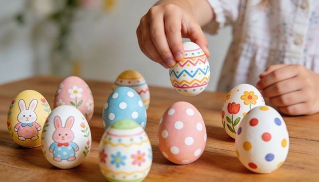 Child arranging pastel hand-painted Easter eggs on wooden table for spring celebration