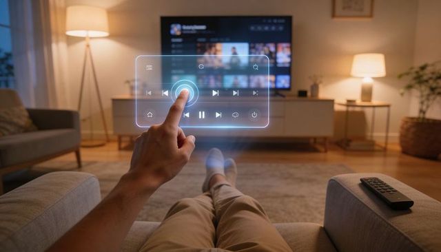 Relaxing on sofa controlling smart tv with holographic streaming interface for modern home