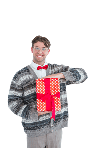 Happy Hipster Holding Gift with Red Bow Transparent Background