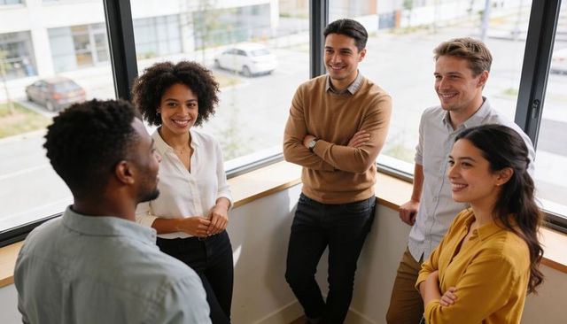 Diverse team collaborating in bright office corner by window, casual workplace teamwork