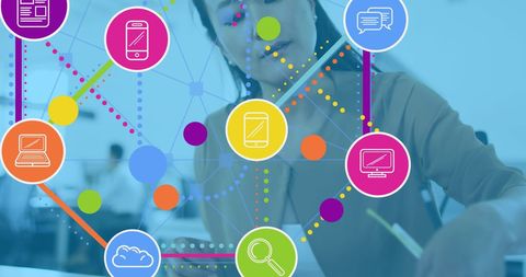 Woman analyzing digital communication network in office