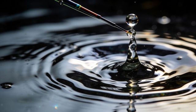 Macro water droplet column with suspended orb touching colorful rod creating concentric ripples