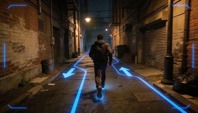 Running hooded figure following neon ar path with cinematic hud arrows in moody urban alley at night