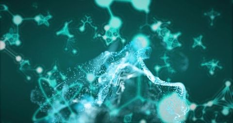 Pulsing particle cloud forming neural node network with glowing filaments, holographic orbs