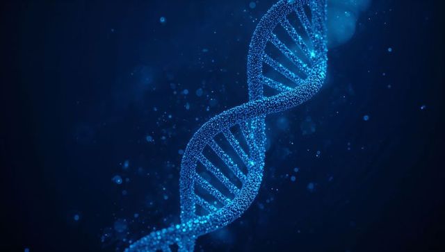 Futuristic twisting dna double helix with glowing blue particles