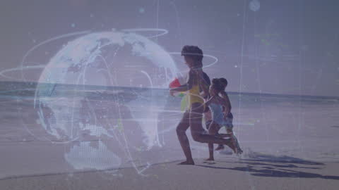 Joyful Family with Digital Globe Overlay on Beach