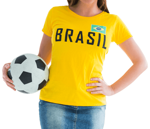 Woman wearing brazil shirt holding soccer ball transparent background
