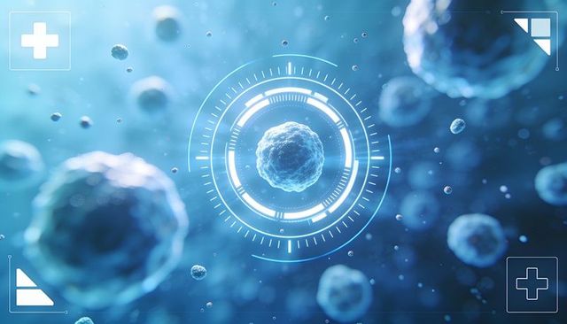 Futuristic 3d cell with holographic hud rings in blue biotech visualization