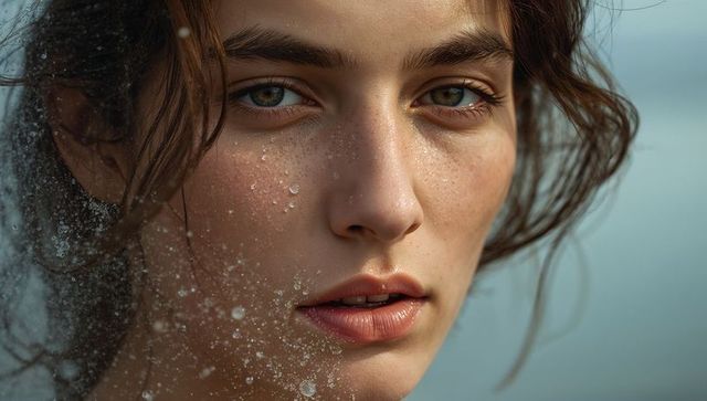Gazing young woman holding wet hair strands with water droplets on freckled face by sea