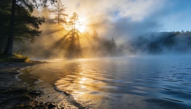 Sunrise fog casting golden light through pines over mountain lake with misty reflections